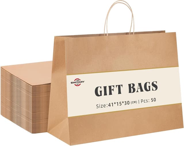Detalle de Switory 50er Pack braune Papiertüten mit Henkel aus Kraftpapier (41 x 15 x 30 cm)