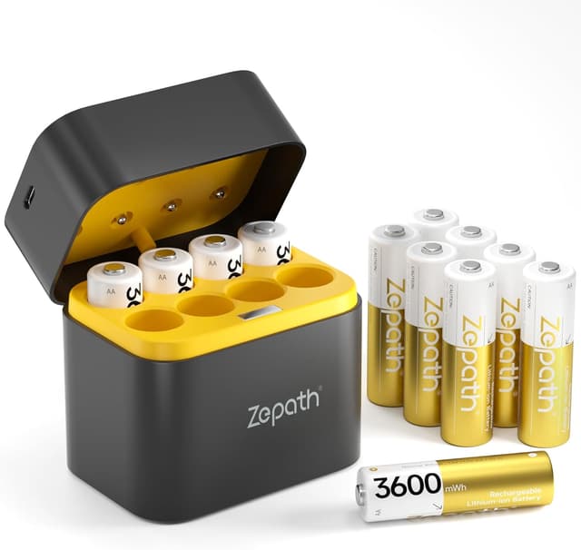 Detalle de Zepath rechargeable lithium AA batteries 12-pack with charger and storage box (1.5V, 3600mWh)