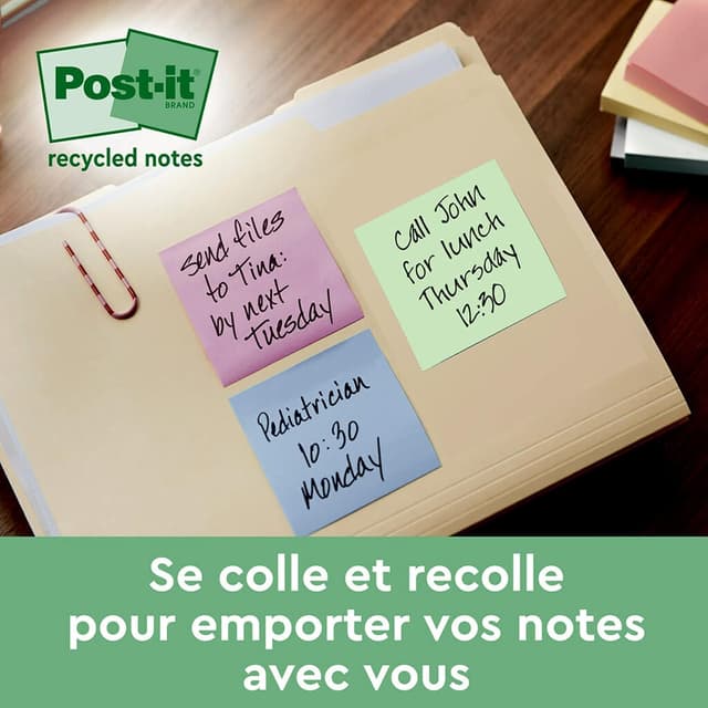 Detalle de Post-it Notes autocollantes Super Sticky recyclées – Pack de 12 blocs, 70 feuilles par bloc (47,6 × 47,6 mm)