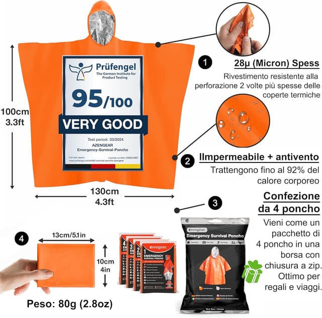 Thumbnail 1 de aZengear Poncho di emergenza e sopravvivenza (4 pezzi) in mylar, impermeabile e antivento, arancione