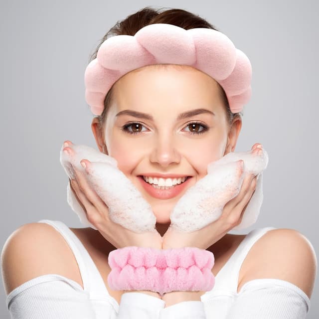 Detalle de Zkptops Spa Headband & Wristband Set (Pink) for Face Washing, Skincare & Makeup