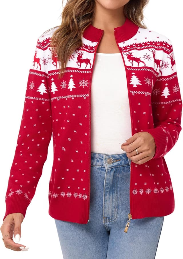 Thumbnail 6 de Sykooria Women’s Christmas Knit Cardigan with Reindeer & Snowflake Print (Open Front, Zip-Up) for Autumn/Winter