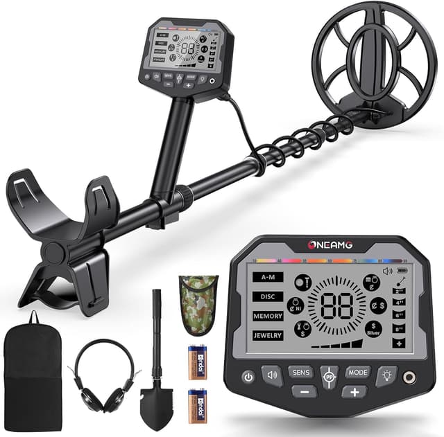 Detalle de OneAmg Metalldetektor Profi – 5 Suchmodi, Pinpointer, IP68 Suchspule inkl. Kopfhörer, Schaufel & Rucksäcke