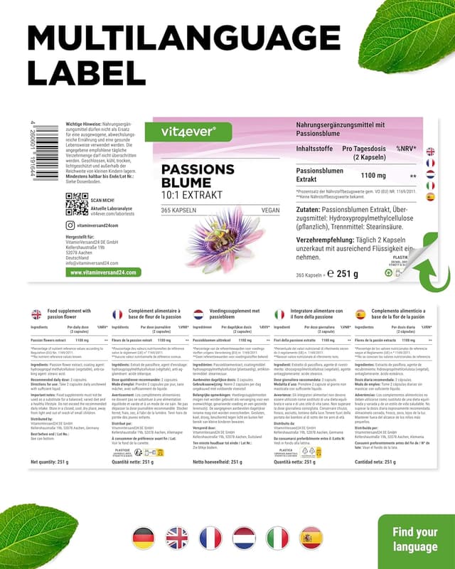 Detalle de Passionsblume Extrakt Premium 10:1 (1.100 mg) – 365 vegane Kapseln
