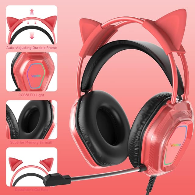 Detalle 2 de Wantek Wantak Katzenohr-Kopfhörer mit Mikrofon (kabelgebunden) – Gaming-Headset für PC, PS5 & Xbox, Noise Cancelling, 20–20.000 Hz (Red)
