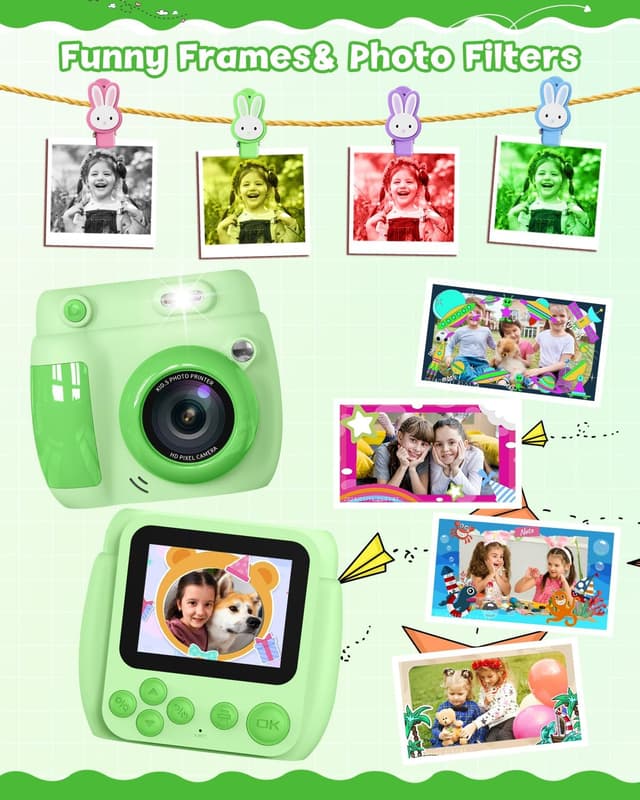 Detalle de Gofunly Kids Camera Instant Print (1080P, 2.4-inch) with 32GB card and 3 rolls of print paper – green