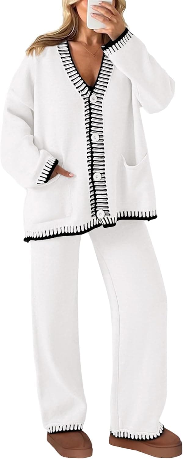 Detalle de PRETTYGARDEN Women’s Lounge Set (2-Piece) with Cardigan Sweater & Wide-Leg Pants