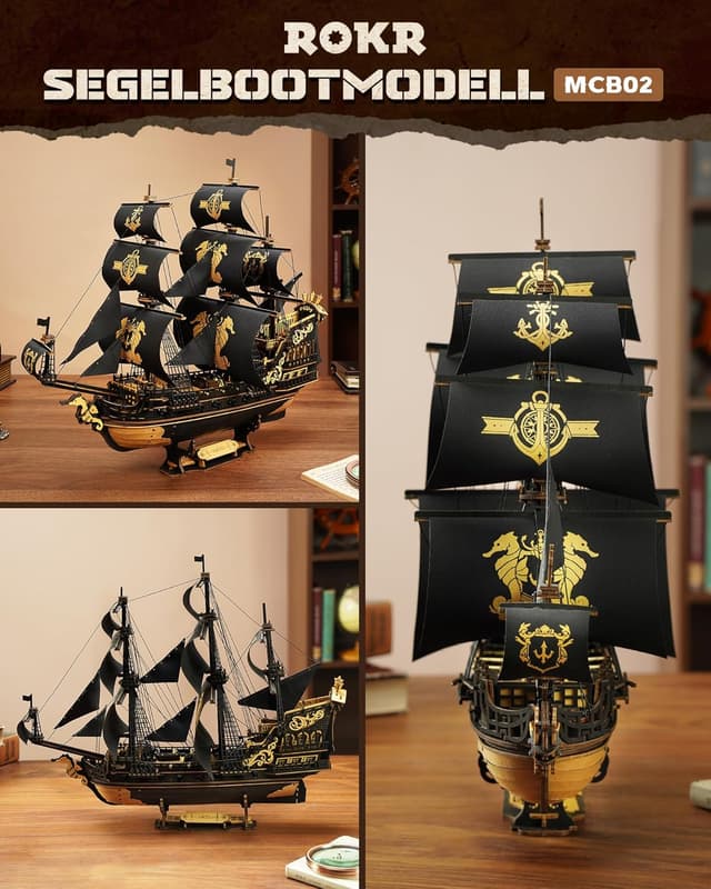 Detalle de ROKR 3D Puzzle Holzbausatz The Seahorse Barque (MCB02) – Boot-Modell zum Selberbauen ohne Klebstoff