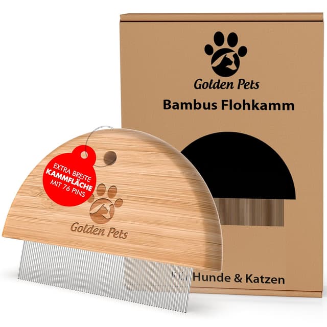 Detalle de Golden Pets Bambus Flohkamm – Läuse-, Floh- und Nissenkamm aus Edelstahl für Hund & Katze