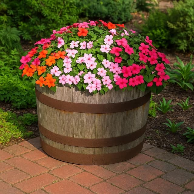 Detalle 2 de Fioriera in botte di whisky con mezza botte in legno da 60 cm per giardino, terrazza e balcone