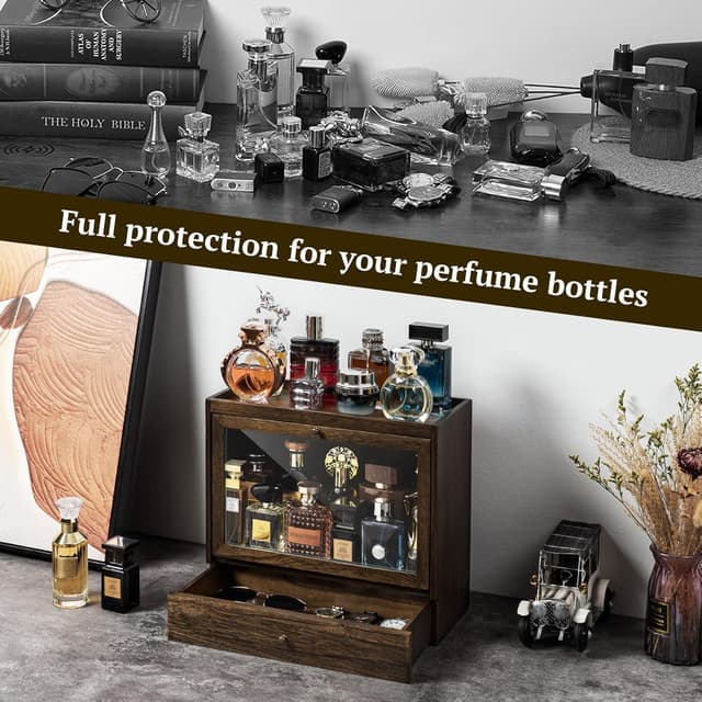 Detalle de Emfogoo Cologne Stand solid wood perfume organiser with 3 tiers, dustproof acrylic panel and drawer storage