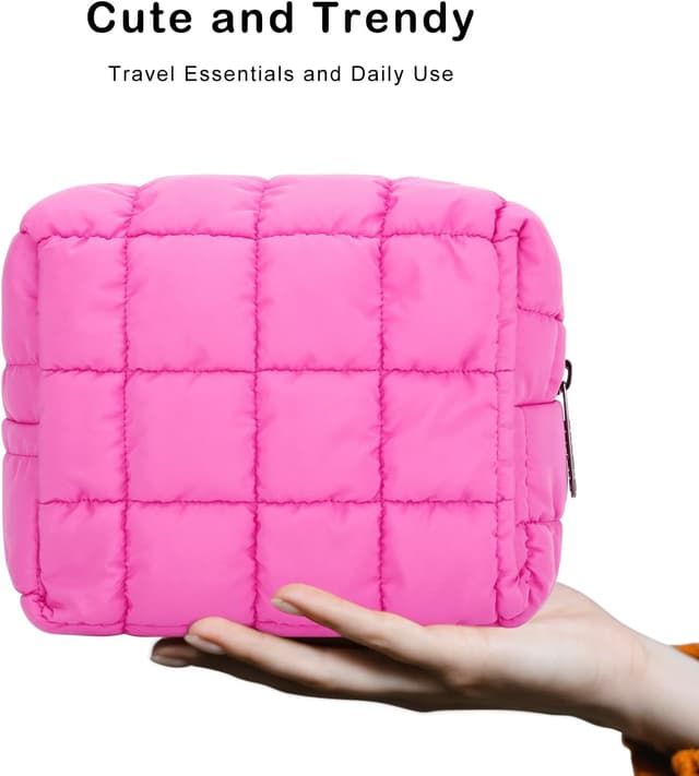 Detalle 2 de E-Tree Quilted Cute Makeup Bag (Checkered, Hot Pink) for Purse & Travel Essentials