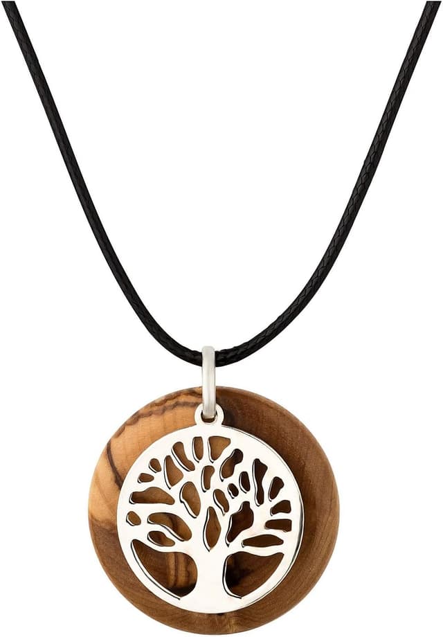 Detalle de MaMeMi Kette mit Lebensbaum-Anhänger aus 925er Silber und Olivenholz (Handgefertigt in Bethlehem)