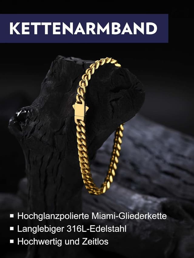 Detalle de Bandmax Herren Panzerarmband aus 316L Edelstahl (5 mm) mit kubanischer Miami-Kette, 19/21/23 cm – silber/schwarz/vergoldet