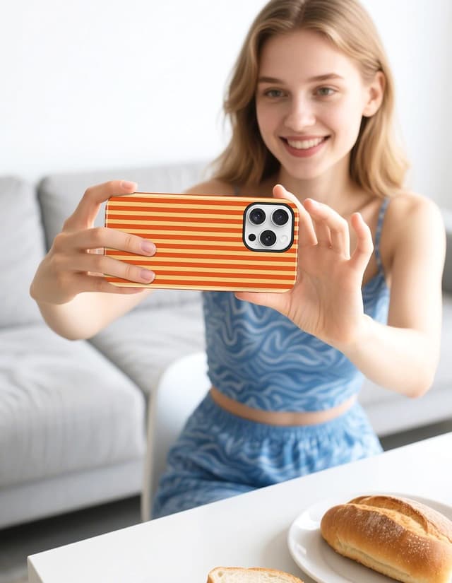 Thumbnail 5 de Jusy Magnetische Handyhülle für iPhone 16 Pro Max – gestreiftes Sommer-Design mit MagSafe und 2-teiliger Stoßschutz-Bumper Case (Orange)