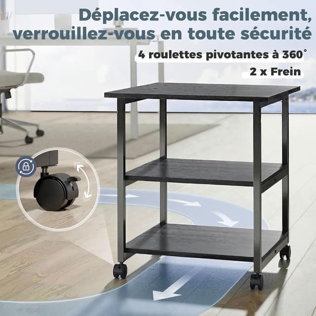 Detalle de HOMCOM support d’imprimante sur desserte mobile 3 niveaux 50 x 50 x 52,5 cm noir