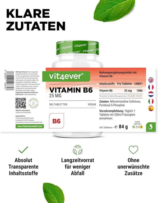 Thumbnail 4 de vit4ever Vitamin B6 P-5-P 25 mg 365 Tabletten