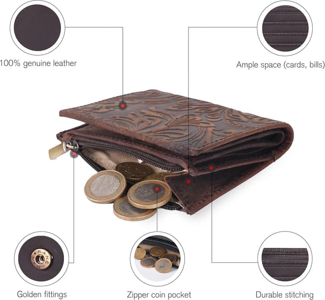 Detalle de Oak Leathers RFID Wallet for Women in Full Grain Leather (Crazy Horse Brown Flower) – Small Bifold Coin Purse