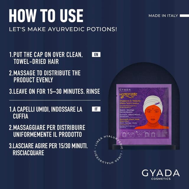 Detalle de GYADA COSMETICS Hyalurvedic Impacco Ayurvedico in tessuto purificante con cuffia effetto termico, per capelli grassi e sfibrati (60 ml)
