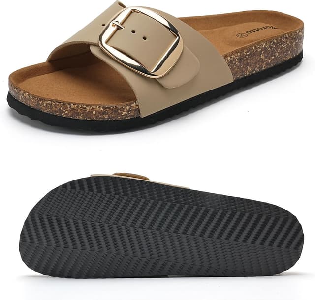 Detalle de Torotto Pantoletten für Damen: verstellbare Schnallen-Sandalen & Hausschuhe mit flachem Absatz