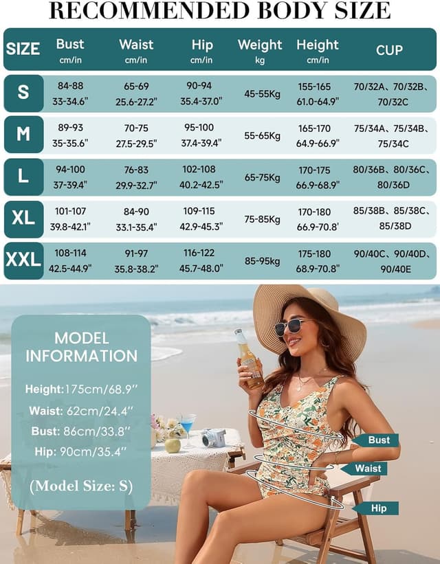 Thumbnail 6 de Vijamiy Damen Badeanzug One-Piece mit tiefem V-Ausschnitt & Bauch-Effekt