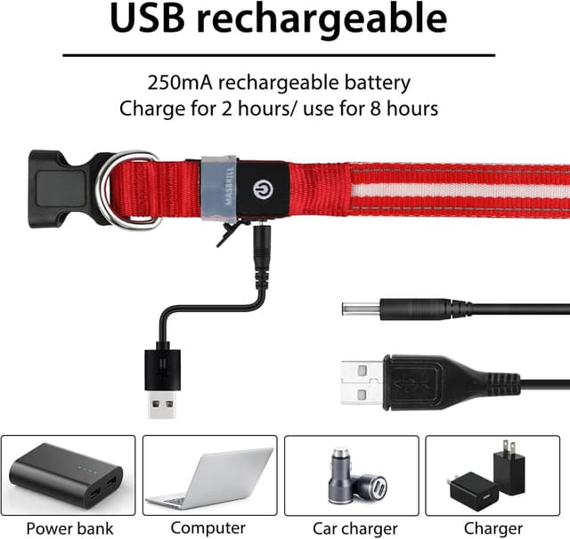 Thumbnail 6 de MASBRILL Light Up Dog Collar (Rechargeable LED, Waterproof) – Red, Adjustable for Small to Large Dogs (S)