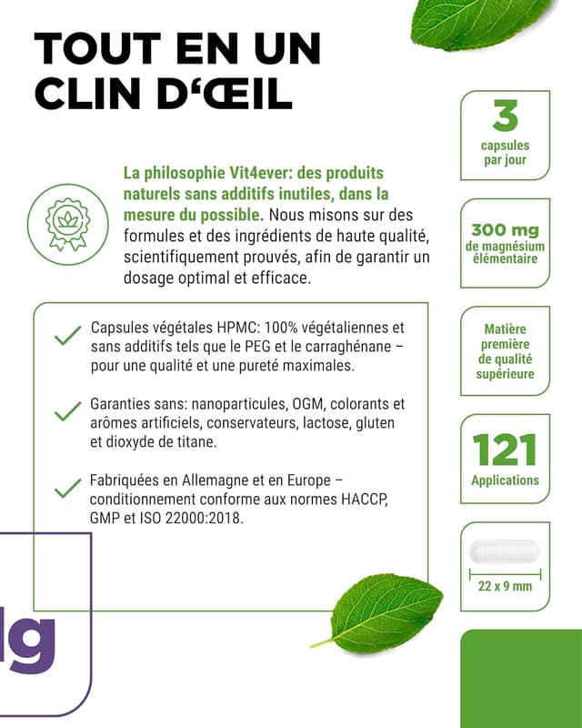 Detalle de Bisglycinate de magnésium 300 mg (3 gélules/jour) – 365 gélules, vegan