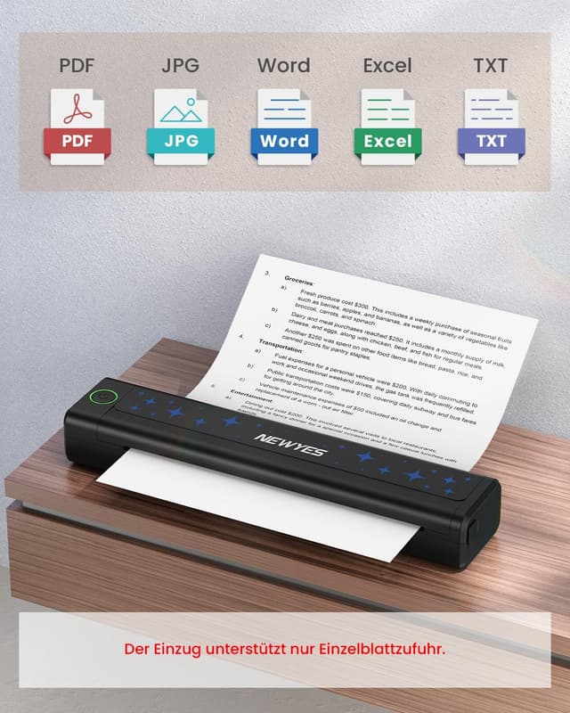Detalle de NEWYES Tragbarer Thermodrucker für A4 (300 dpi) – Bluetooth-Drucker für Geschäftsreisen & Studium