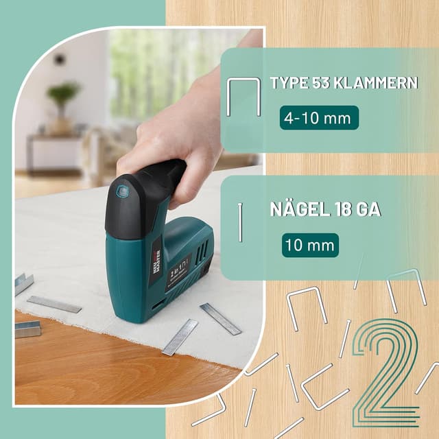 Detalle de NEU MASTER Akku Tacker 2-in-1 4V mit Ladekabel – für Heftklammern & Nägel (1000 + 1000 Teile)