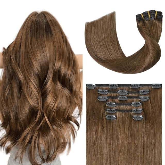 Detalle de UGOTRAYS Light Brown Clip-in Human Hair Extensions (7pcs, 20 inch, 70g, Remy) – 16 Clips, #6