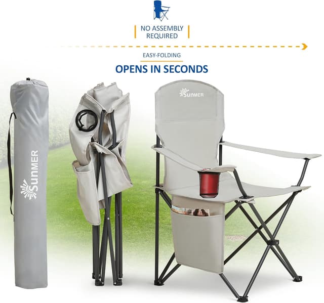 Detalle de SUNMER Folding Camping Chair (Extra Wide, Armrests & Cup Holder) – Light Grey, 120 kg capacity