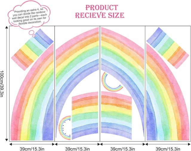 Detalle de Large Rainbow Wall Stickers (83" x 43") Watercolor Half Rainbow Vinyl Peel and Stick Mural
