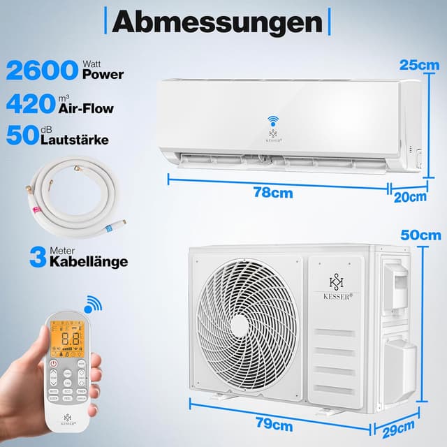 Detalle 2 de KESSER Klimaanlage Set Split mit WiFi/App-Funktion (R32) – 9.000 BTU/h, sehr leise, Timer & Fernbedienung