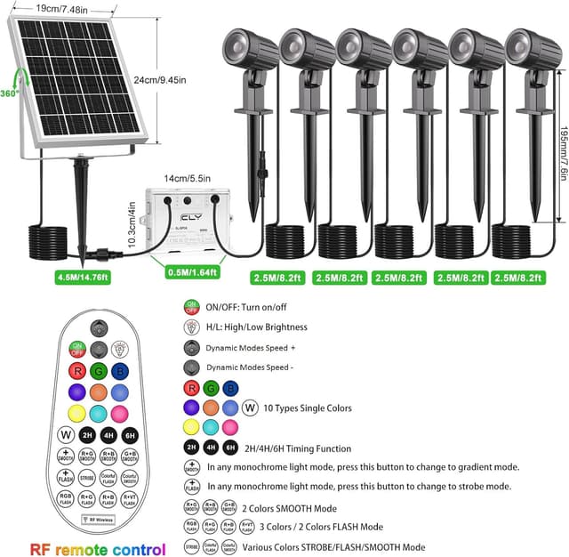 Detalle de CLV 6-in-1 Solar RGB Spotlights (IP66) for Garden, Remote Control Colour-Changing LED Spots
