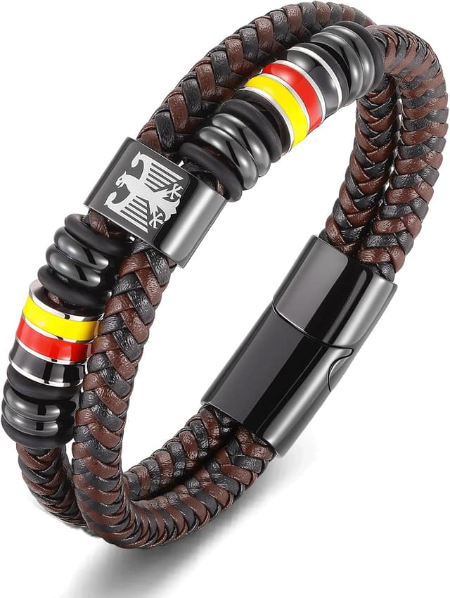 Detalle de Deutschland Adler Herrenarmband mit Edelstahl-Anhänger & Lasergravur, Lederband (21/23/25 cm), schwarz