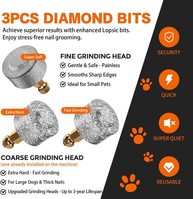 Detalle de Whisper Quiet Dog Nail Grinder with 4 LED Lights, 3-Speed Rechargeable Grooming Kit (with 3 Grinding Bits)