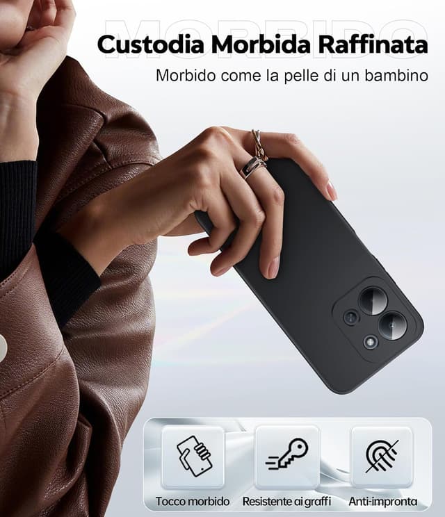 Detalle de LeYi Cover per Redmi 15C 4G/5G con vetro temperato (2 pezzi) e custodia ultra slim in TPU, protezione fotocamera, nero