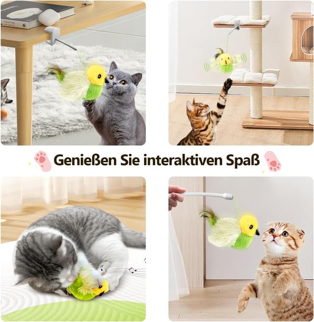 Detalle de Migipaws elektrisches interaktives Katzenspielzeug mit echten Flügeln, Zwitschern & Katzenminze (wiederaufladbar, grün)