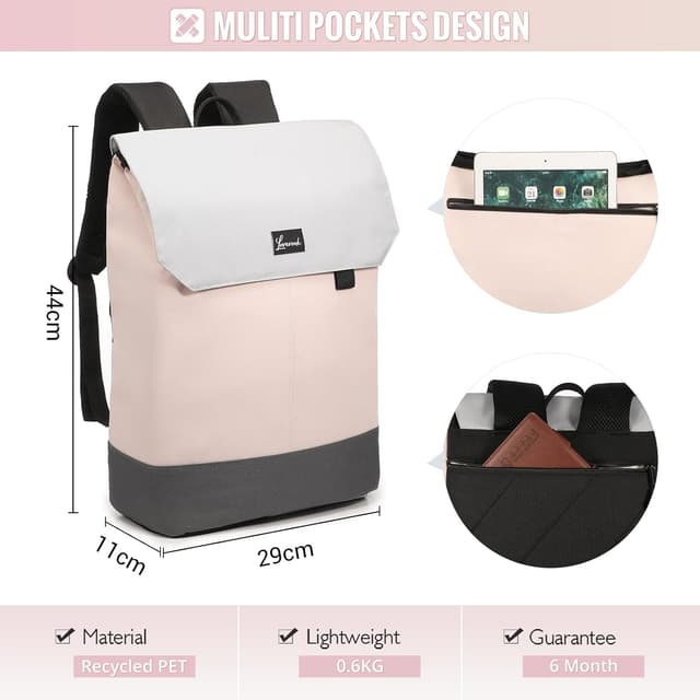 Detalle 2 de LOVEVOOK Damen-Rucksack Elegant Daypack mit Laptopfach bis 15,6 Zoll, wasserabweisend und Anti-Diebstahl-Elementen (rosa)