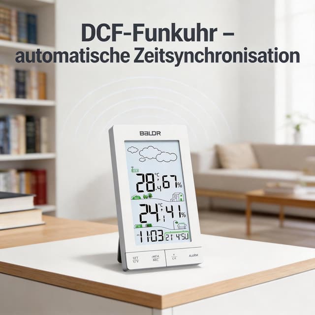Detalle de Konsen Wetterstation Funk für Innen/Außen mit Außensensor (DCF) – Thermometer/Hygrometer mit Beleuchtung & Wettervorhersage in Weiß