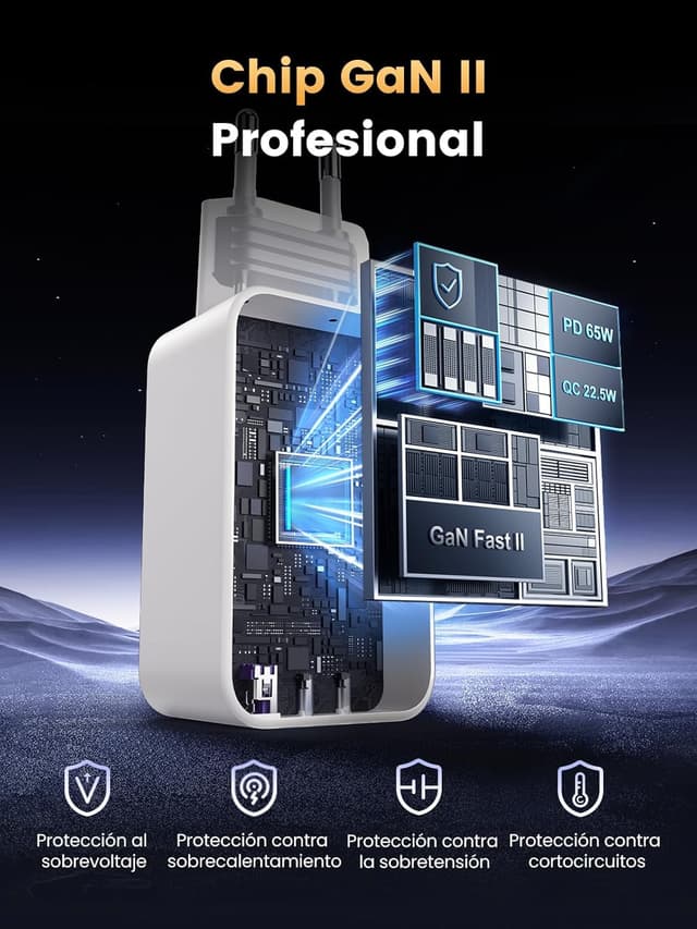 Detalle 2 de UGREEN Nexode 65W cargador GaN 3 puertos
