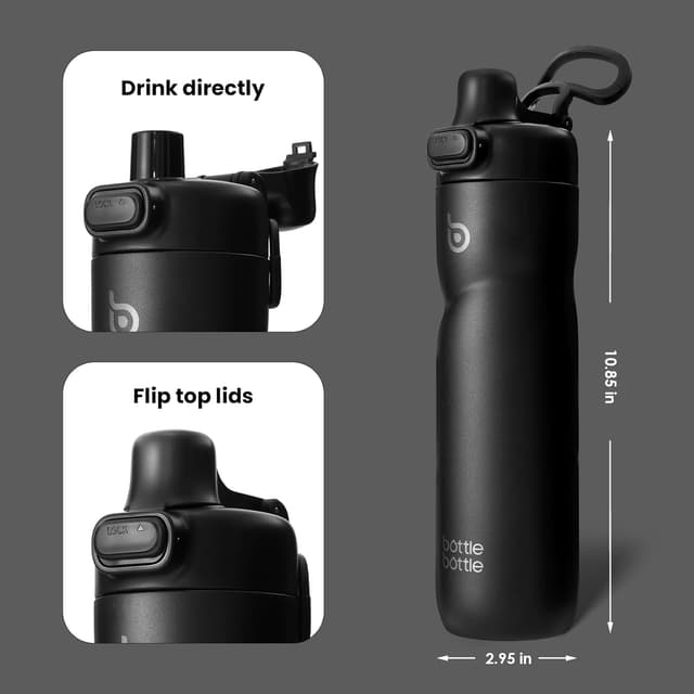 Detalle 2 de BOTTLE BOTTLE Insulated 24 oz Stainless Steel Water Bottle with Flip Top Lids (Black)