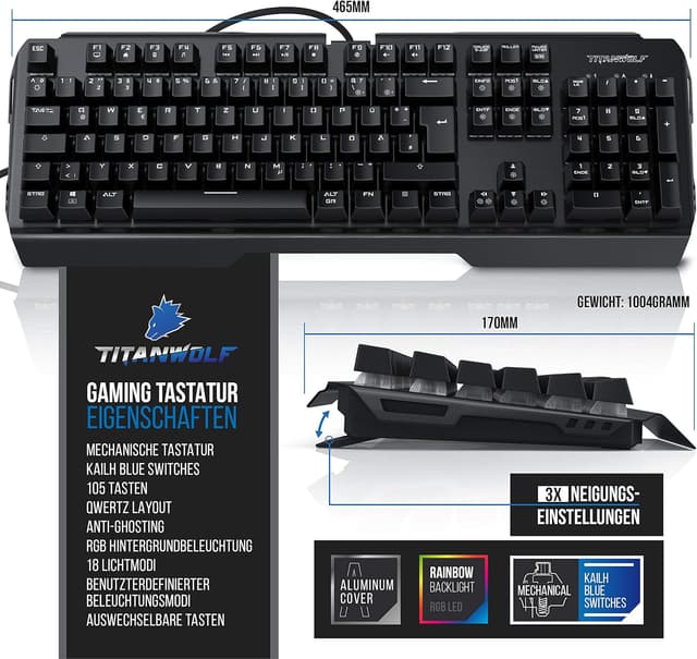 Detalle 2 de TITANWOLF Gaming Set: Mechanische Tastatur ALUMAR 10800dpi Maus