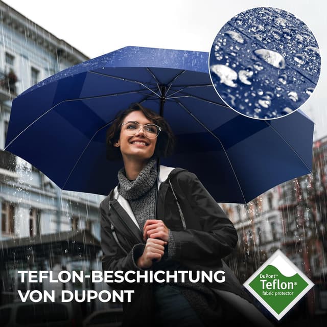 Detalle de Regenschirm Taschenschirm sturmfest mit Auf-Zu Automatik & Schirm-Tasche – Schwarz, kompakt & für Reise/Alltag