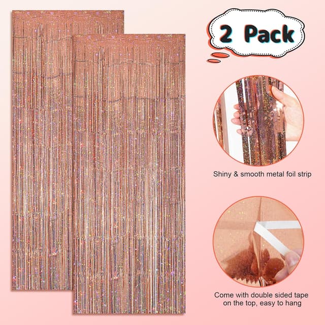 Detalle de KERNOWO Lametta-Vorhang Roségold Glitzer – 2er-Set für Party-Fotoecken