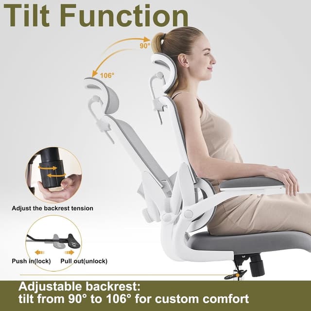 Detalle de TONFARY Ergonomic Office Chair (High Back Mesh) with Adjustable Lumbar, Flip-Up Arms & Removable Headrest – White + Grey