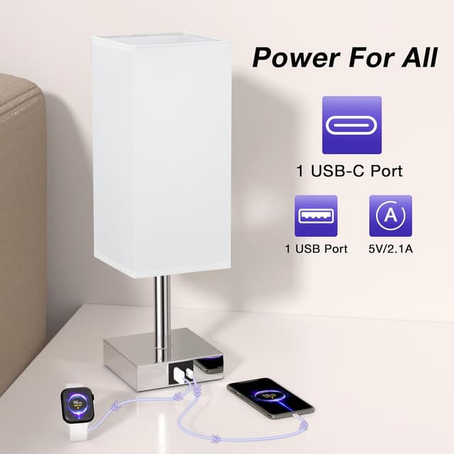 Detalle de Aooshine Bedside Lamp with Touch Control and Dual USB A+C Charging (3-way dimmable, white fabric shade)