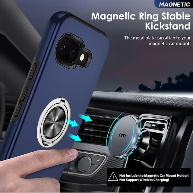 Detalle de LeYi case for Google Pixel 9a with 2 tempered glass screen protectors and 360° rotating ring holder (blue)