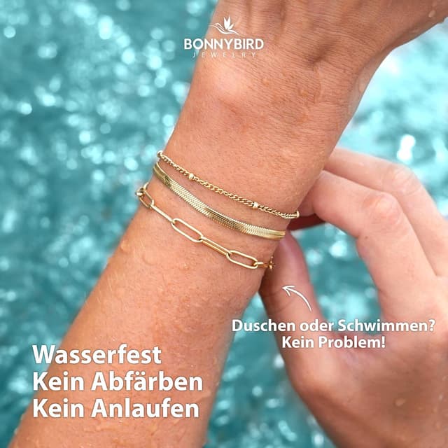Detalle de BONNYBIRD® BonnyShine Premium Edelstahl Armband-Set Damen (Silber, Gold & Roségold) – 100% wasserfest