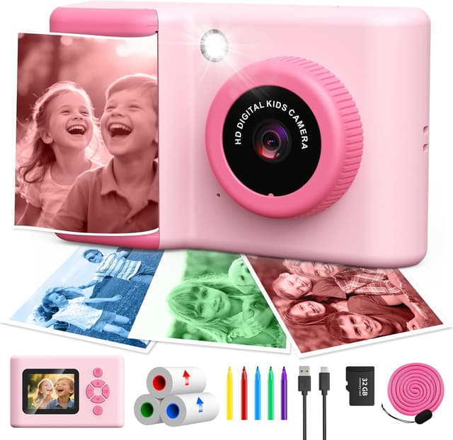 Detalle de CHAKEYAKE Appareil photo instantané enfant 20MP, écran 2,4 pouces et impression couleur (rose)